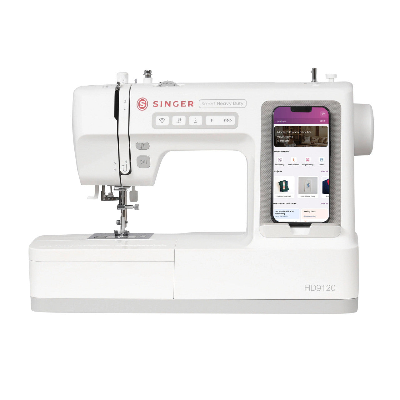 A white Singer Smart Heavy Duty HD9120 sewing machine with an integrated smartphone screen on the side, shown against a solid white background.