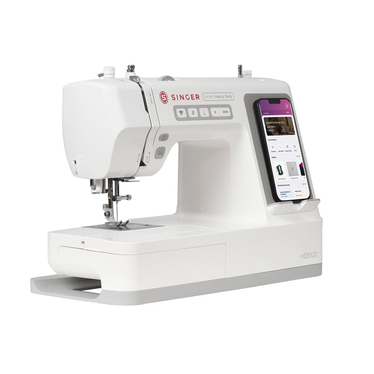 A white Singer Smart Heavy Duty HD9120 sewing machine with a built-in smartphone display showing a sewing pattern app, set against a solid white background.