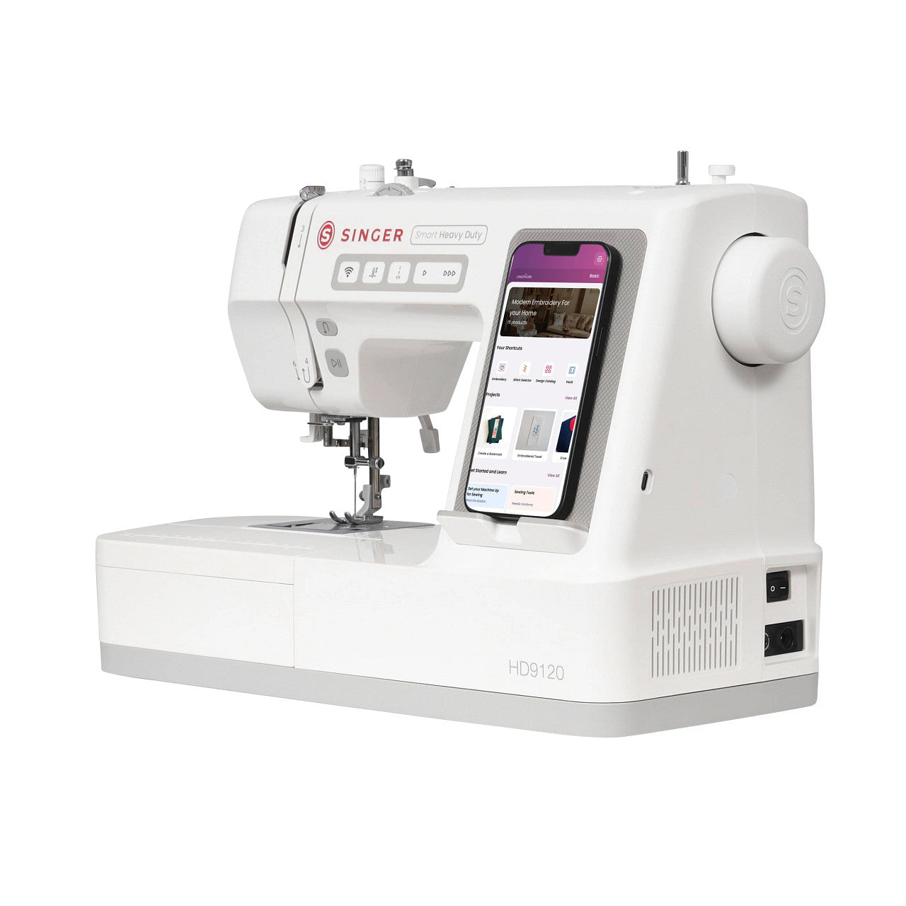 Singer HD9120 smart sewing machine in white, featuring a built-in smartphone screen display, shown on a solid white background.