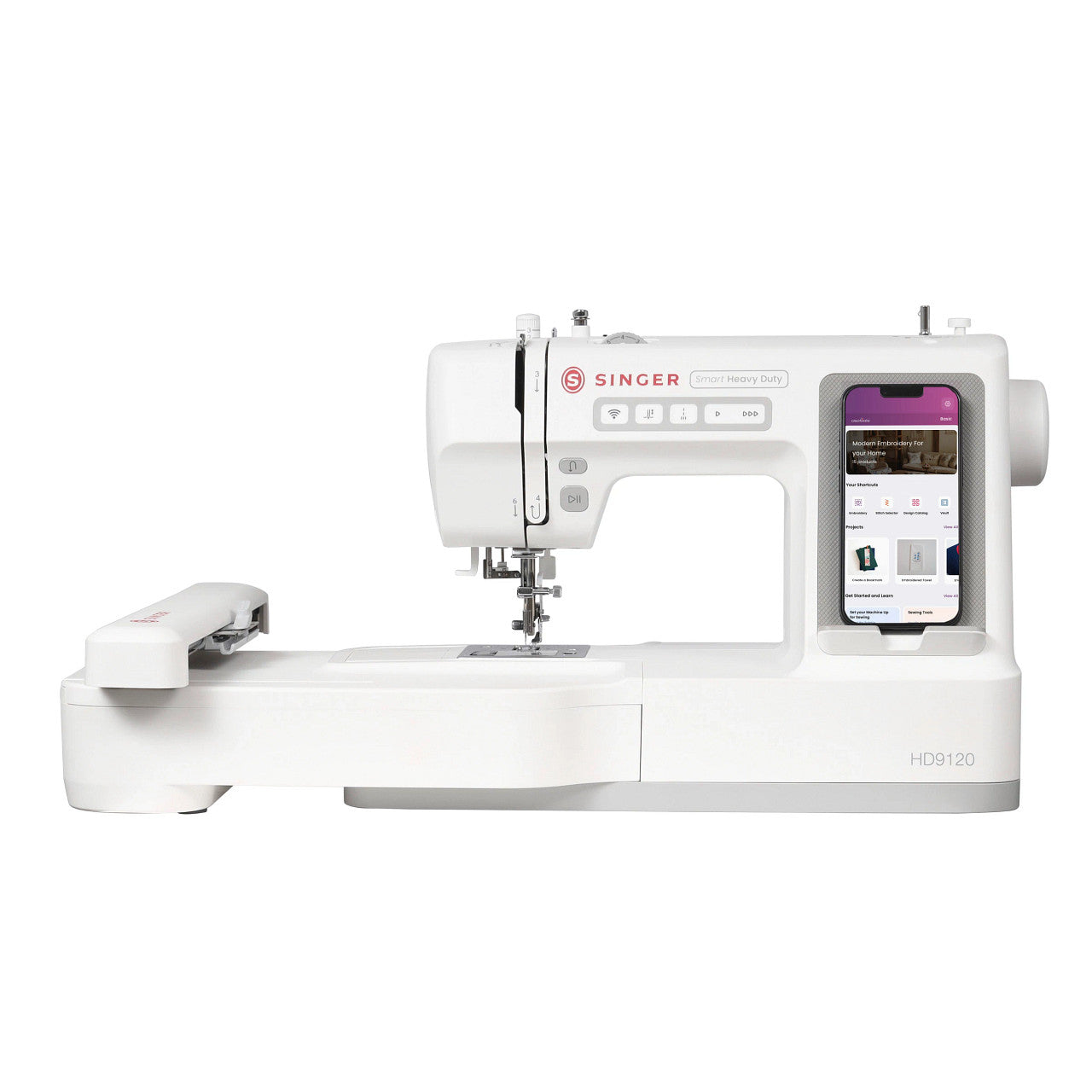 Singer HD9120 sewing machine in white with a built-in smartphone display showing a quilting app, photographed on a clean white background.
