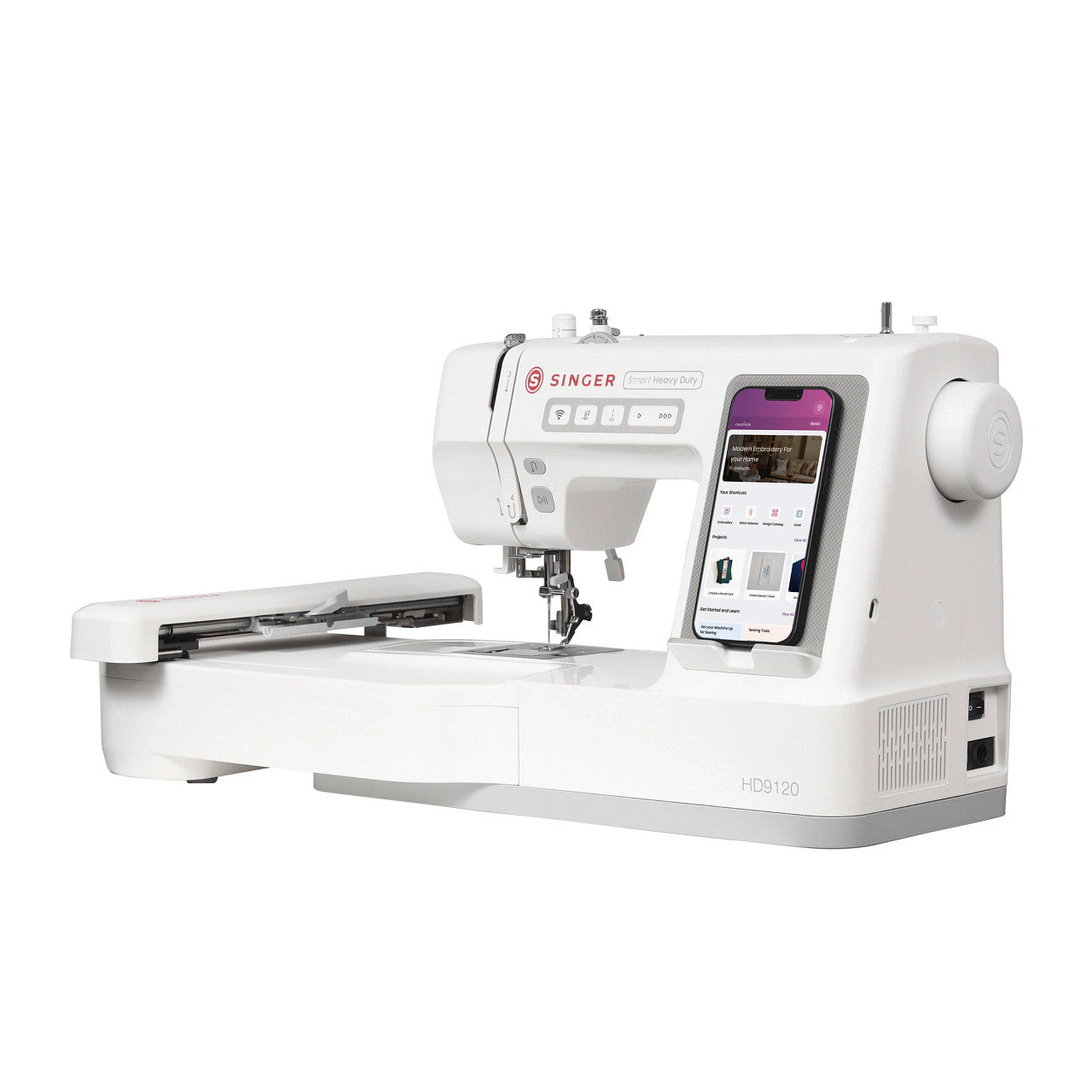 Singer Smart Heavy Duty HD9120 sewing machine in white, featuring a built-in smartphone screen display, shown on a solid white background.
