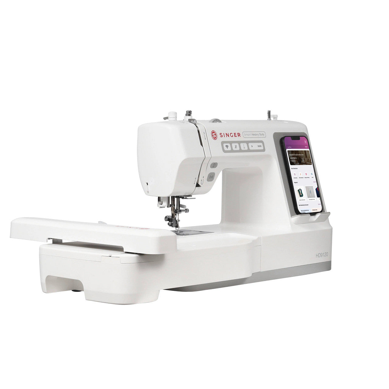 A white Singer sewing machine with an integrated tablet screen on the side, shown from a three-quarters angle against a solid white background.