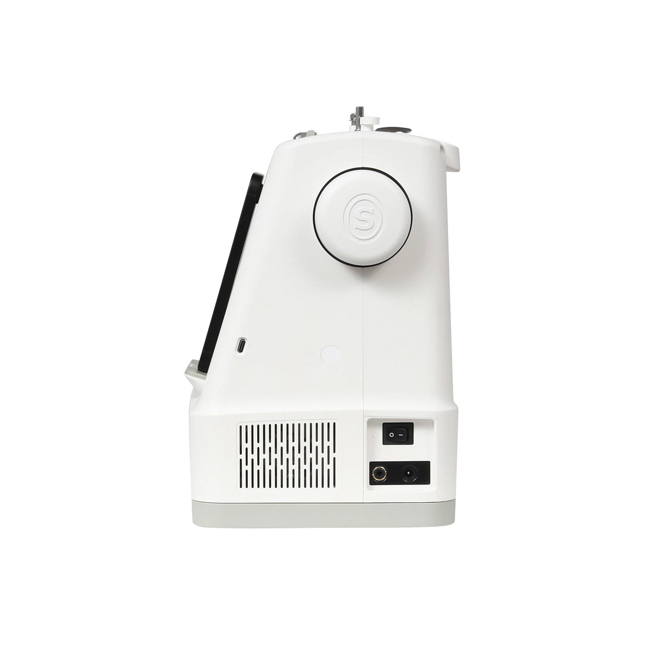 White sewing machine with a brand logo on a white background