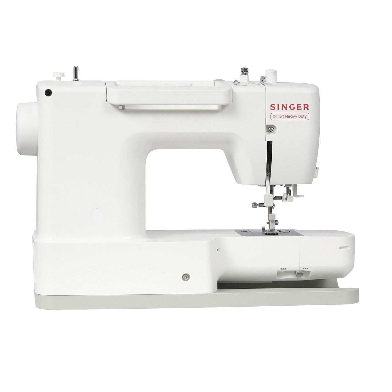 A white Singer sewing machine with a gray base plate, shown from a side profile view against a solid white background.