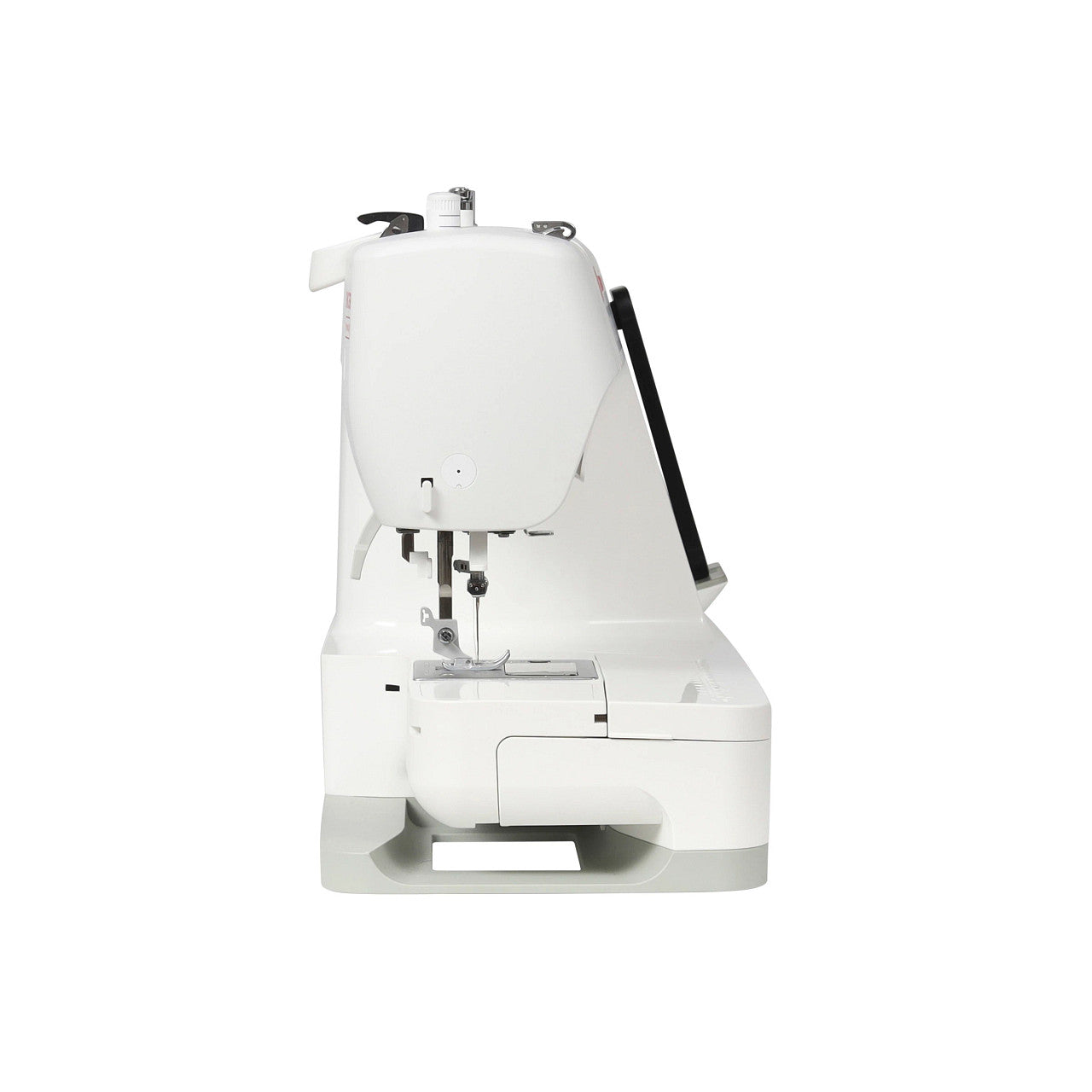 A white sewing machine with a black arm and silver metal components, shown from a front-three-quarter angle on a solid white background.