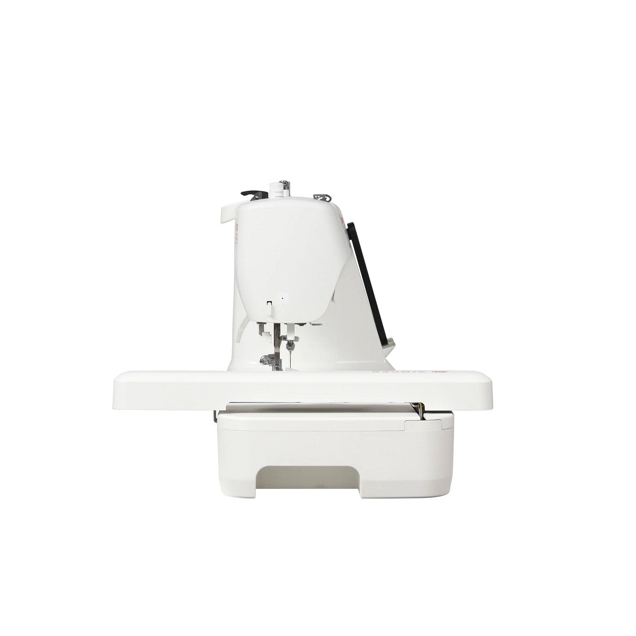 A white sewing machine with a black guide rail, shown from a front-three-quarter angle on a solid white background.