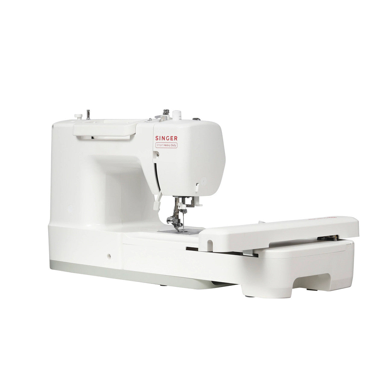A white Singer sewing machine with an extended arm, shown from a three-quarters angle on a solid white background.