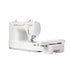 A white Singer sewing machine with an extended arm, shown from a three-quarters angle on a solid white background.