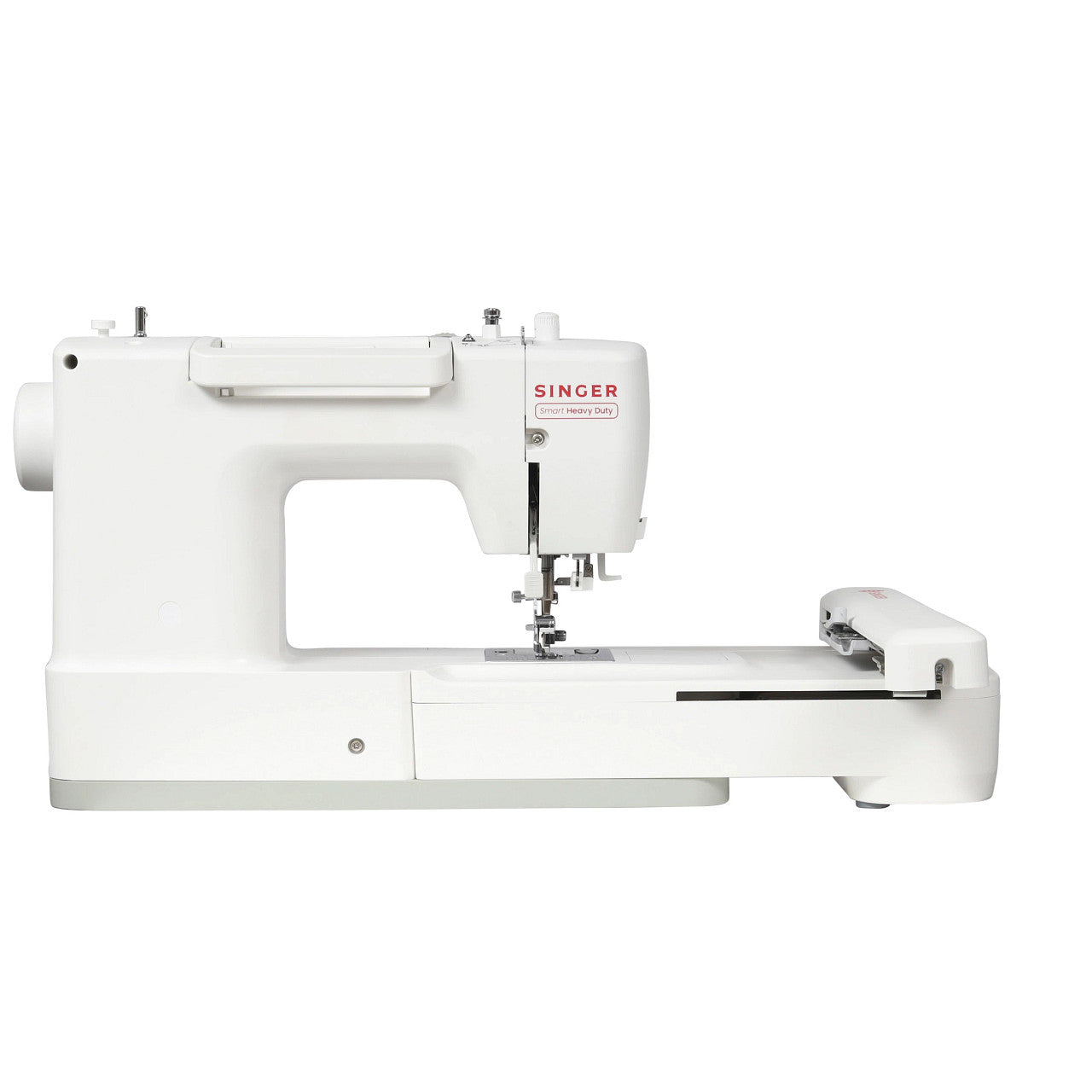 A white Singer sewing machine with an extended arm, shown from a side profile view against a plain white background.