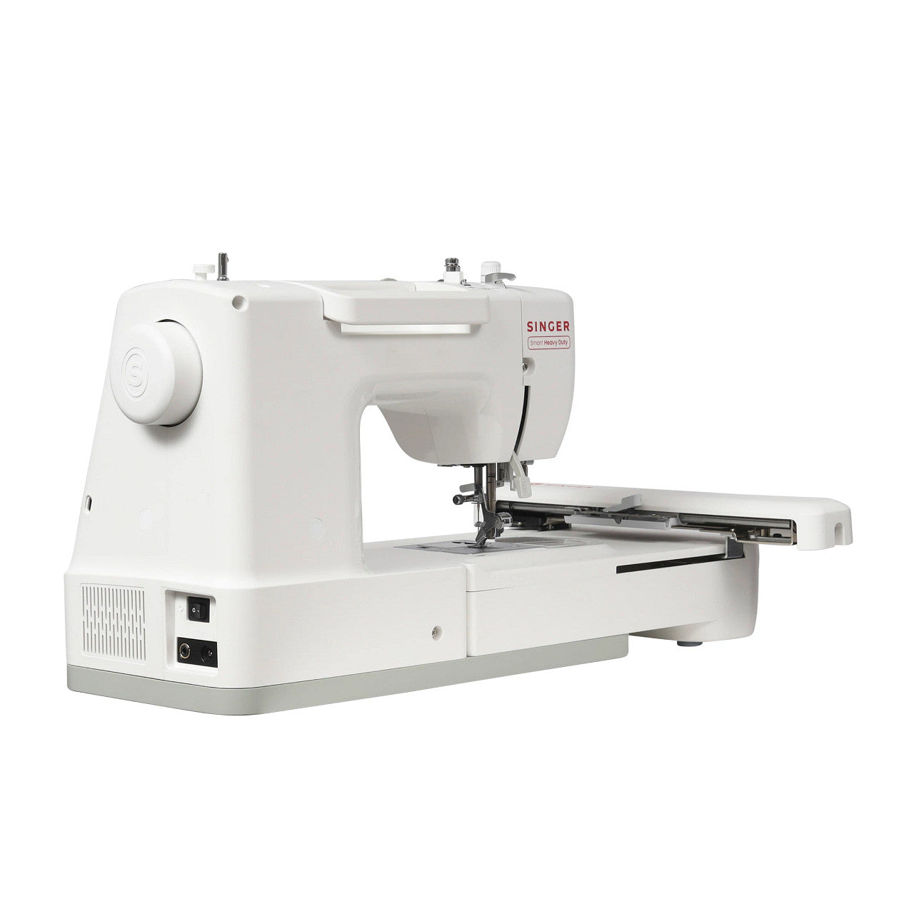 A white Singer sewing machine with an automatic feed dog, shown from a three-quarter angle on a solid white background.
