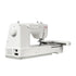 A white Singer sewing machine with an automatic feed dog, shown from a three-quarter angle on a solid white background.