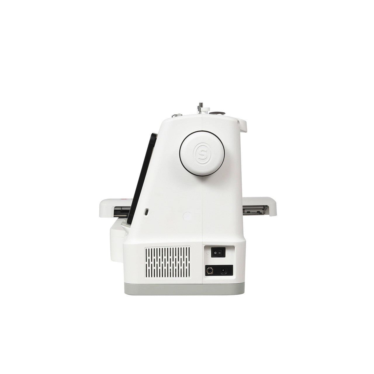 A white and gray sewing machine shown from a side angle against a solid white background.