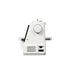A white and gray sewing machine shown from a side angle against a solid white background.