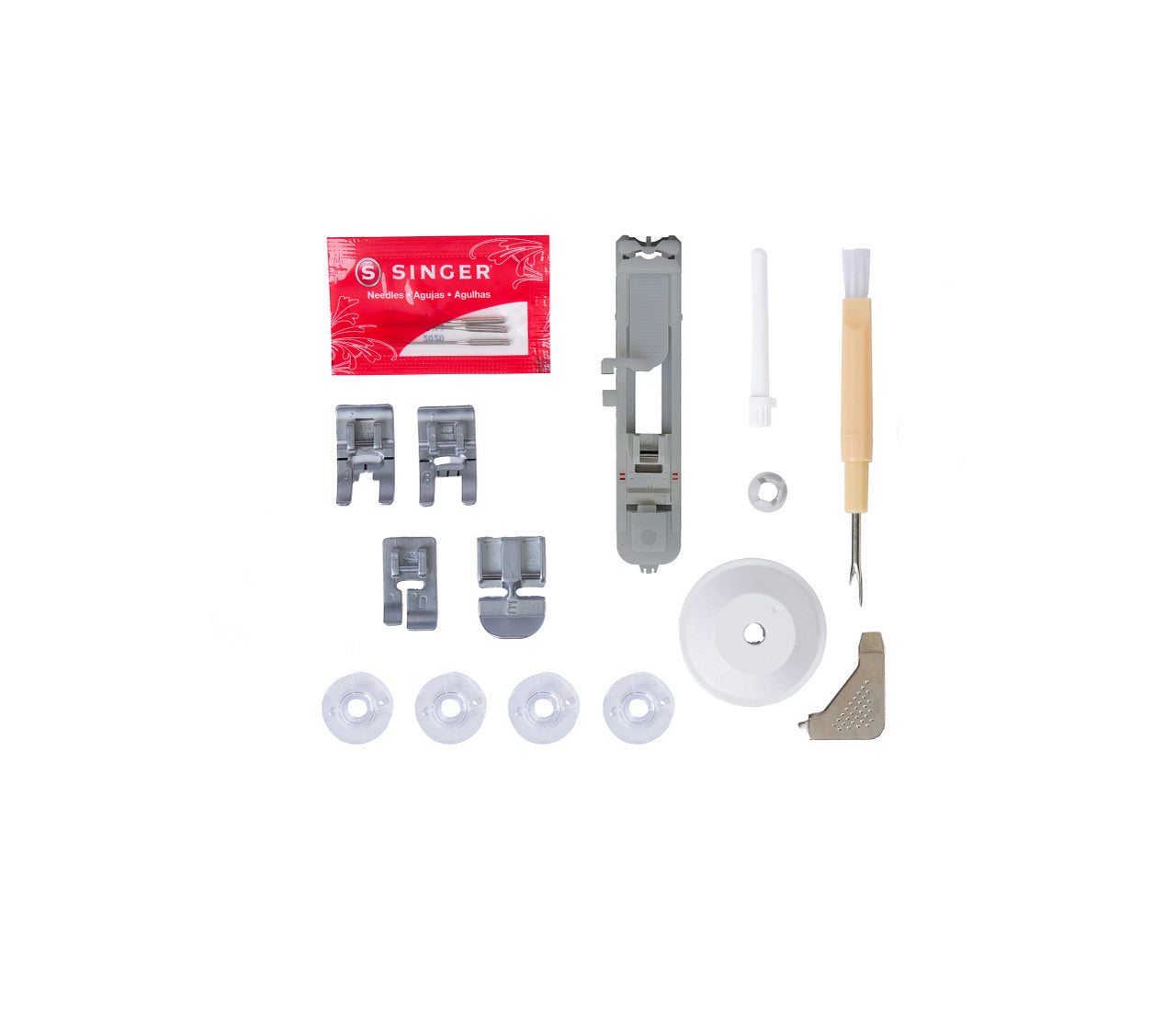 Singer sewing machine needle thread kit with various thread components, a red Singer brand card, a wooden-handled tool, and white plastic parts arranged on a plain white background.