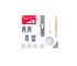 Singer sewing machine needle thread kit with various thread components, a red Singer brand card, a wooden-handled tool, and white plastic parts arranged on a plain white background.