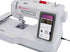 A white Singer sewing machine with a built-in smartphone display showing a sewing app, photographed on a clean white background.