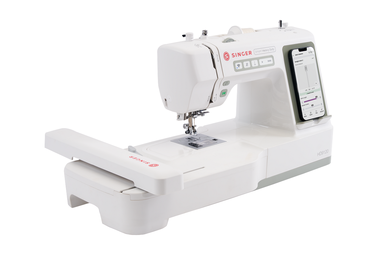 A white Singer 4040C sewing machine with an integrated tablet screen on the side, shown on a clean white background.