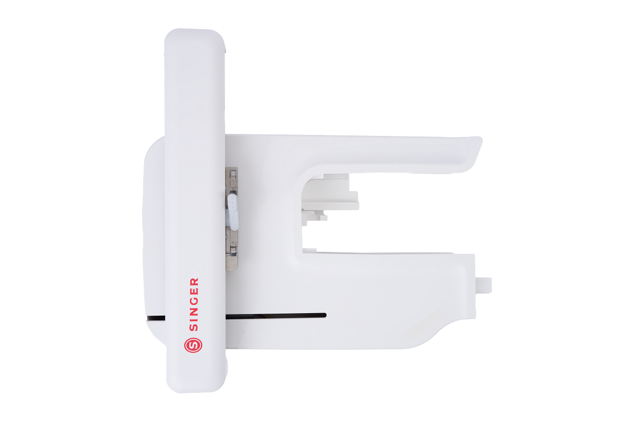A white Singer embroidery unit shown from a top profile view against a solid white background, featuring a prominent vertical handle with the red 'SINGER' brand name.