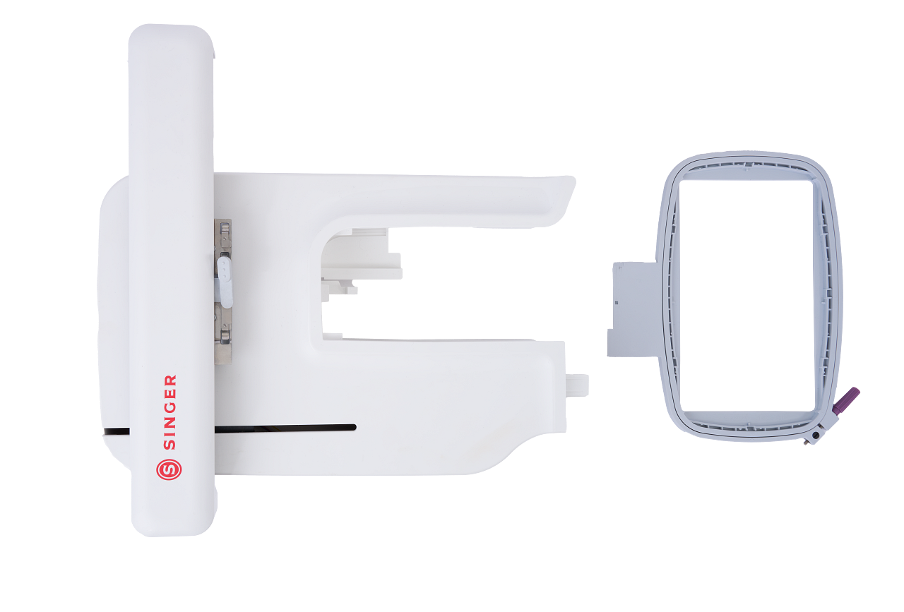 Singer embroidery machine attachment set featuring a white embroidery hoop and a white module with a red Singer logo, shown on a solid white background.