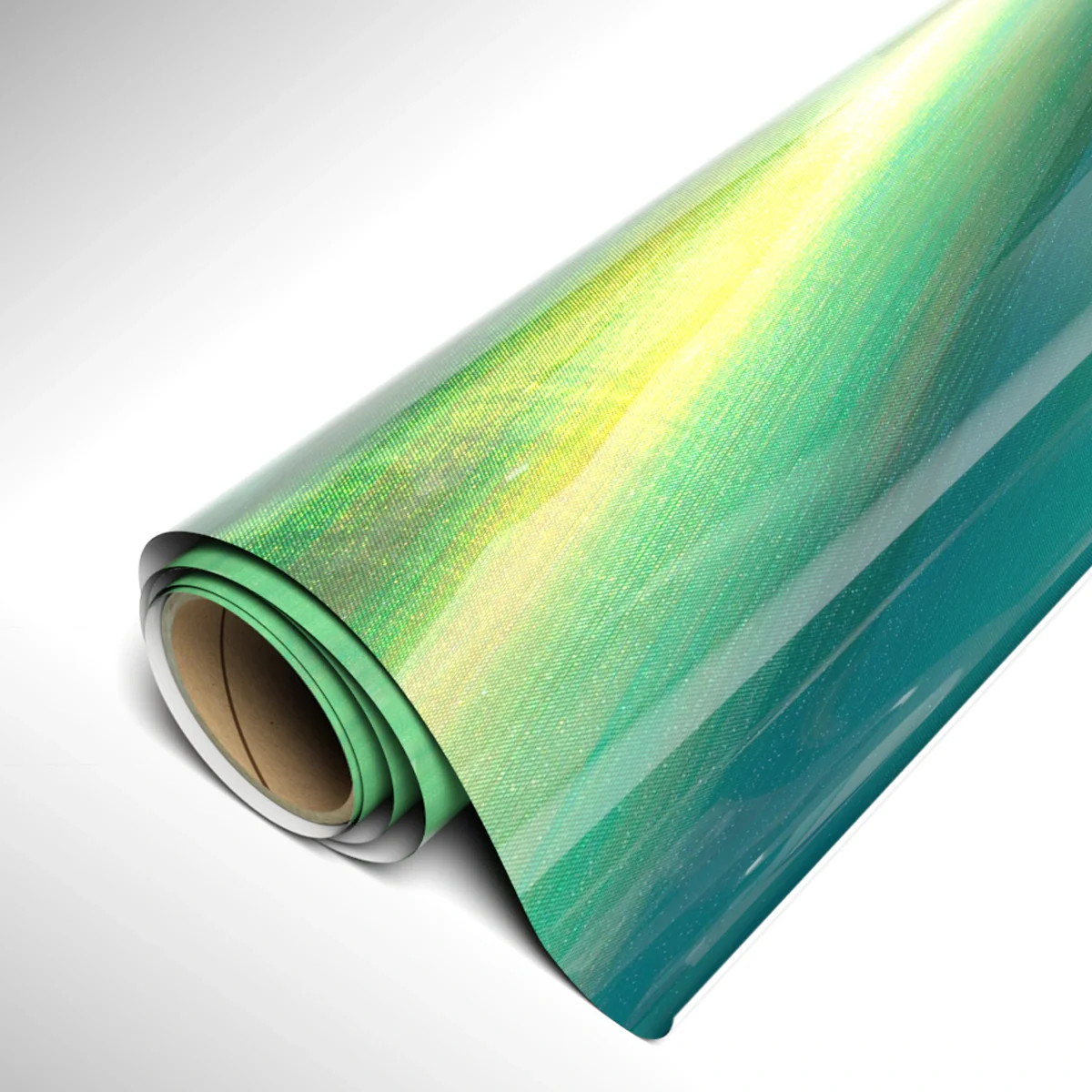 Roll of green and yellow vinyl on a white background