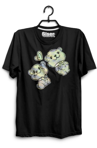 Black t-shirt with teddy bear design on a hanger, featuring the brand 'Siser'.