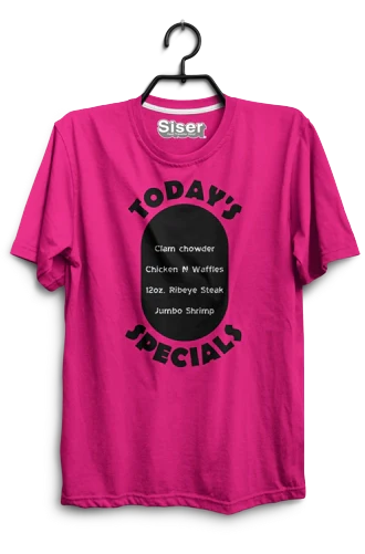 Pink t-shirt with black text on a hanger against a white background