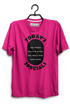 Pink t-shirt with black text on a hanger against a white background