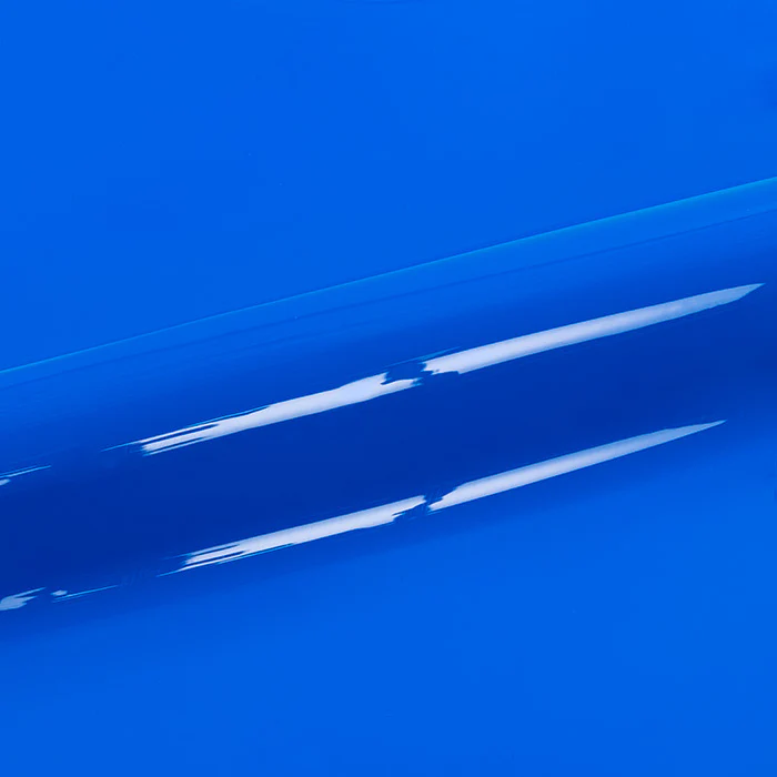 Close-up of a blue vinyl roll with a reflection