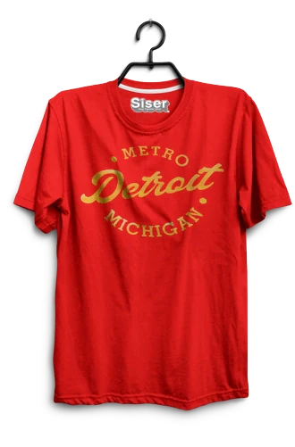 Red t-shirt with 'Metro Detroit Michigan' text on a hanger