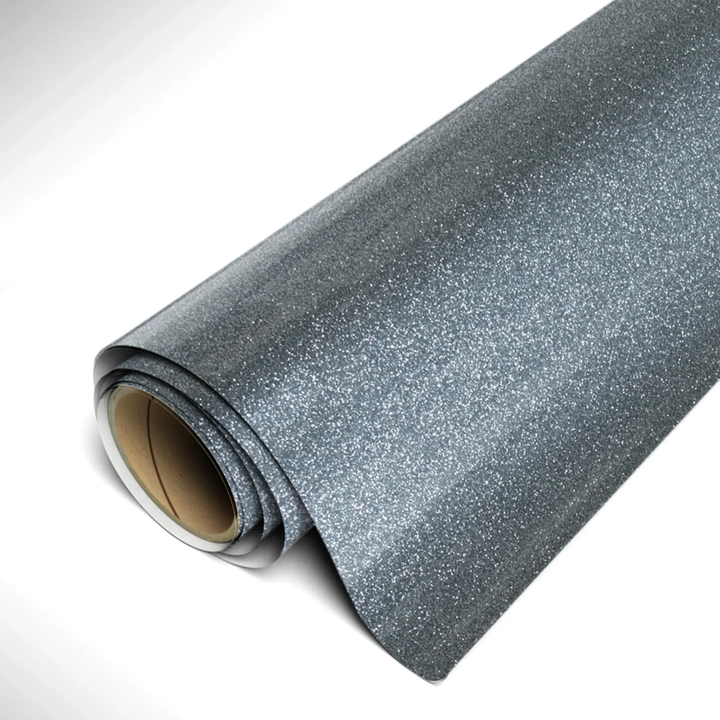 Roll of gray glittery vinyl wrap on a white background