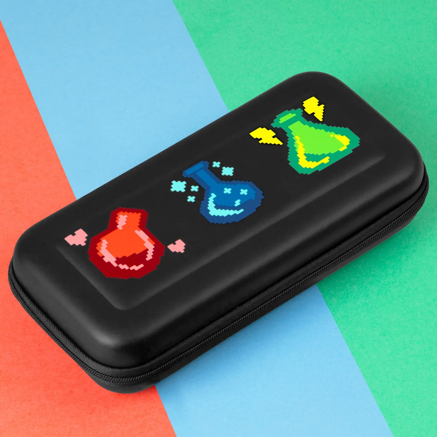 Black rectangular case with pixel art designs on a colorful geometric background