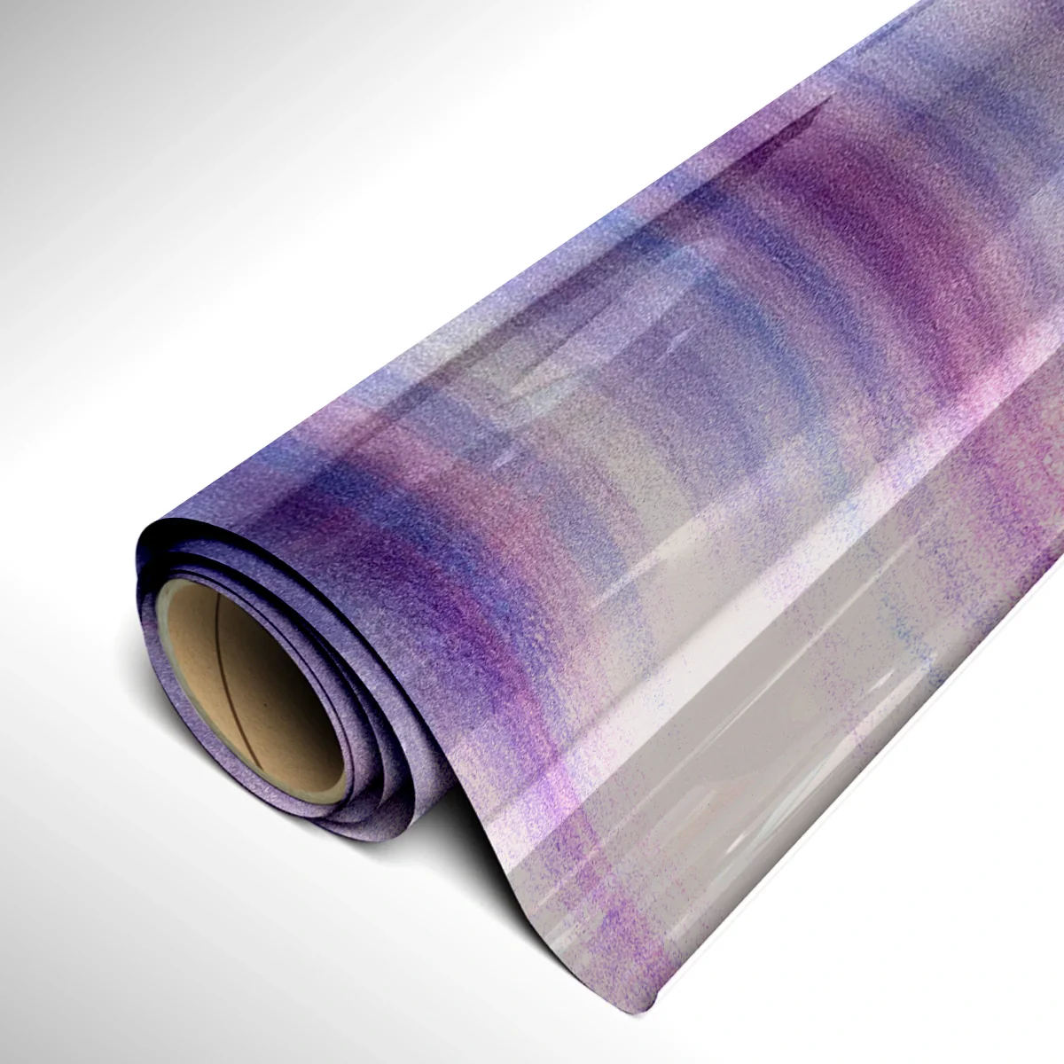 Roll of purple and white striped vinyl on a white background