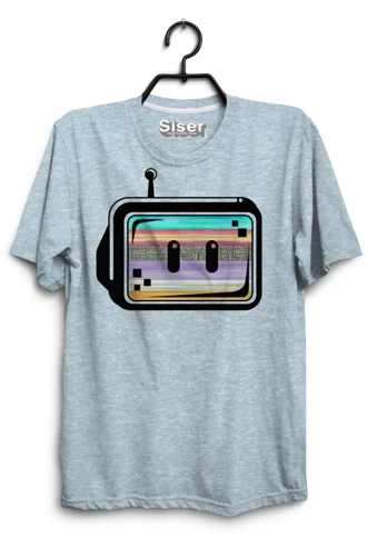 Gray t-shirt with a graphic design of a cassette tape on a hanger