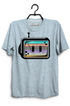 Gray t-shirt with a graphic design of a cassette tape on a hanger