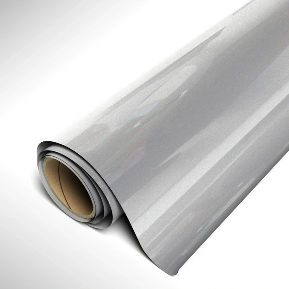 Roll of silver vinyl wrap on a white background