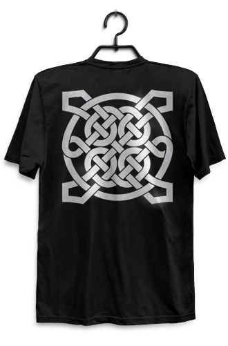 Black t-shirt with a white Celtic knot design on a hanger against a white background