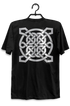 Black t-shirt with a white Celtic knot design on a hanger against a white background
