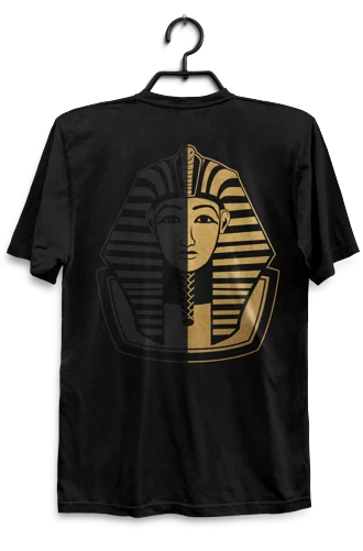 Black t-shirt with a Pharaoh design on a hanger against a white background