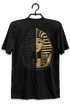 Black t-shirt with a Pharaoh design on a hanger against a white background