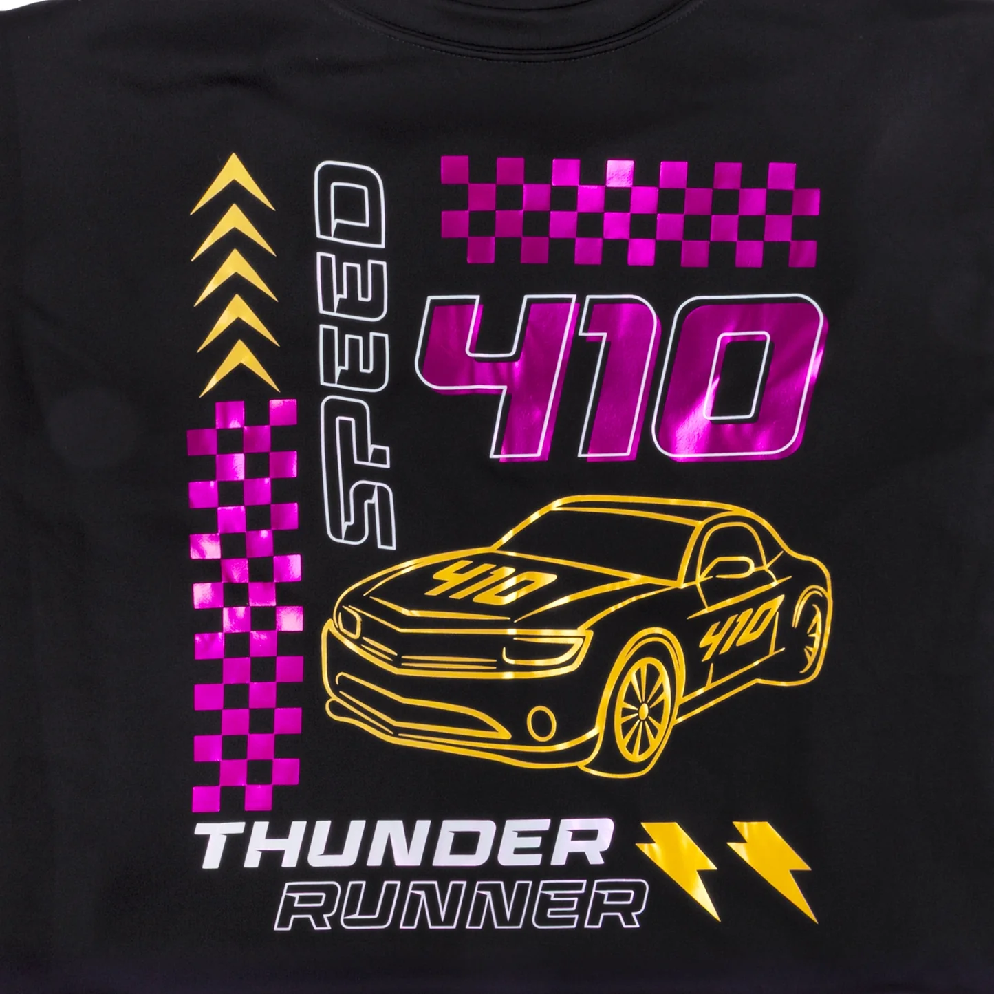 Black t-shirt with a car graphic and text on a black background