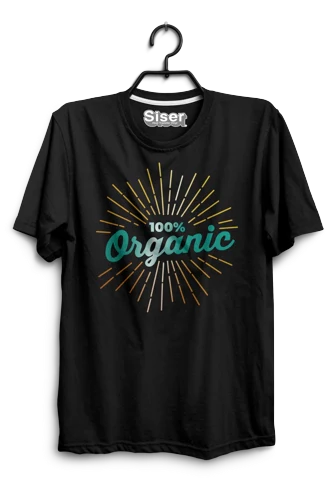 Black t-shirt with '100% Organic' text and sunburst design on a hanger with Siser label.