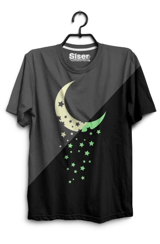 Gray t-shirt with a green crescent moon and star design on a hanger.
