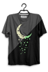 Gray t-shirt with a green crescent moon and star design on a hanger.
