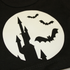 Black t-shirt with a white silhouette of a castle, bats, and moon design.