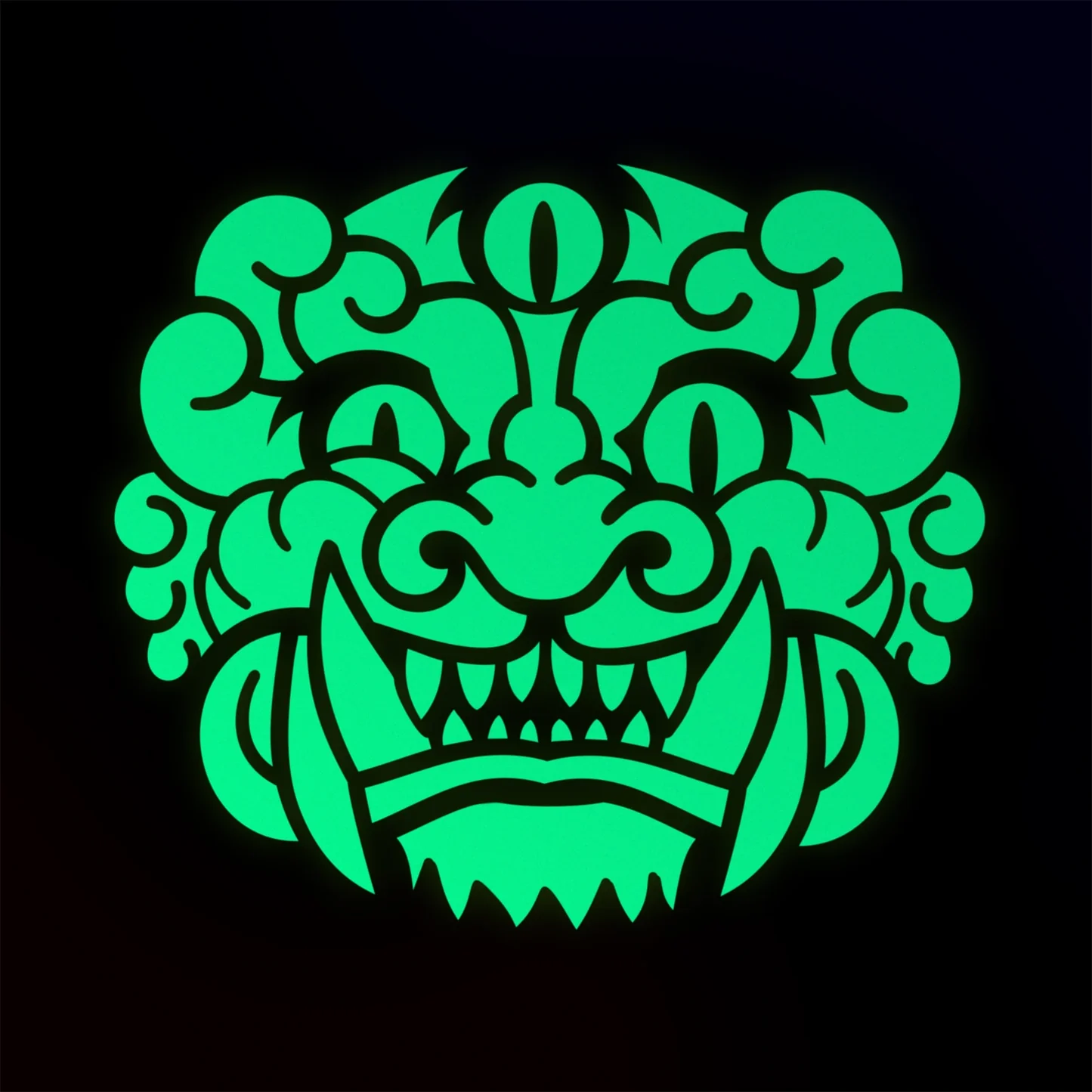 Glowing green dragon head design on a black background