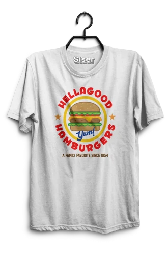 White t-shirt with 'Hellagood Hamburgers' graphic design on a hanger