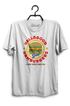 White t-shirt with 'Hellagood Hamburgers' graphic design on a hanger