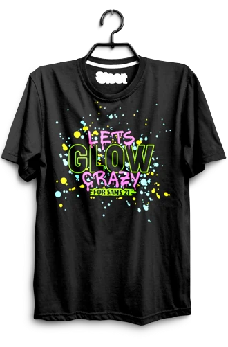Black t-shirt with colorful text on a hanger against a white background