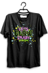 Black t-shirt with colorful text on a hanger against a white background