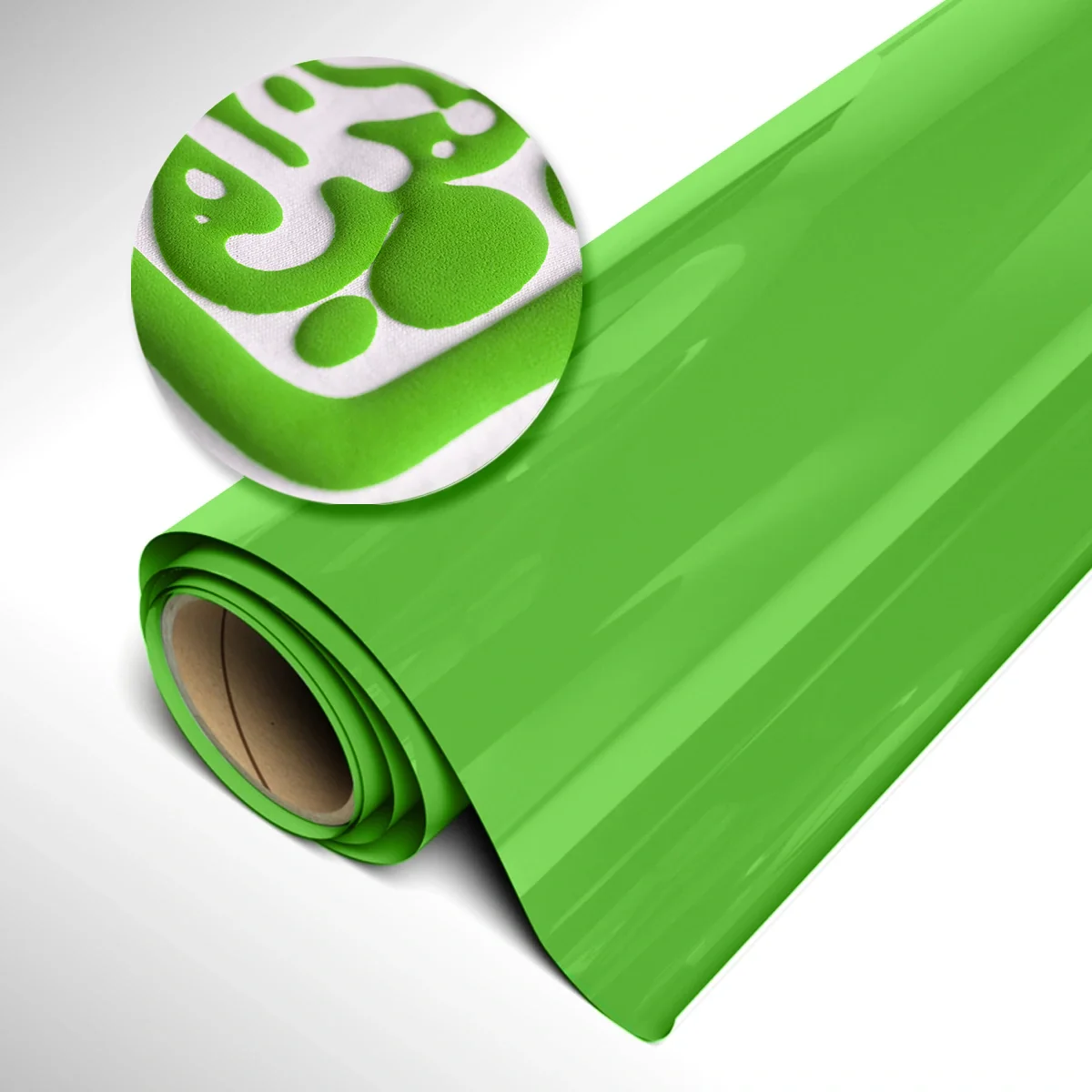 Roll of green vinyl wrap with detail emphasis on a white background